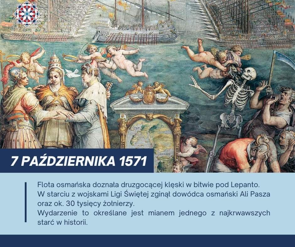#OTD #TegoDnia

7 X 1571 r. miała miejsce bitwa morska pod Lepanto ⚓

Flota osmańska doznała druzgocącej klęski w starciu z wojskami Ligi Świętej. Zginął dowódca osmański Ali Pasza oraz ok. 30 tys. żołnierzy ⚔️

Na grafice wykorzystano fragment fresku Giorgio Vasariego  🖼️