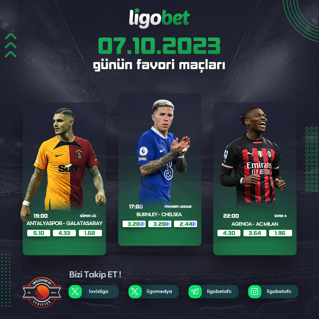 ligomedya's tweet photo. 🆒 #LİGOBET'TE GÜNÜN FAVORİ KARŞILAŞMALARI

⚽ #Antalyaspor🆚 #Galatasaray
⚽ #Burnley🆚 #Chelsea
⚽ #Agenoa🆚 #ACMilan

⬇️ LİGOBET İLE KAZANÇ YOLUNDAKİ MACERANIZ BAŞLASIN!

➡️  GÜNCEL GİRİŞ   (https://t.co/o29pWONL8p)⬅️ https://t.co/xz4BELcTAn