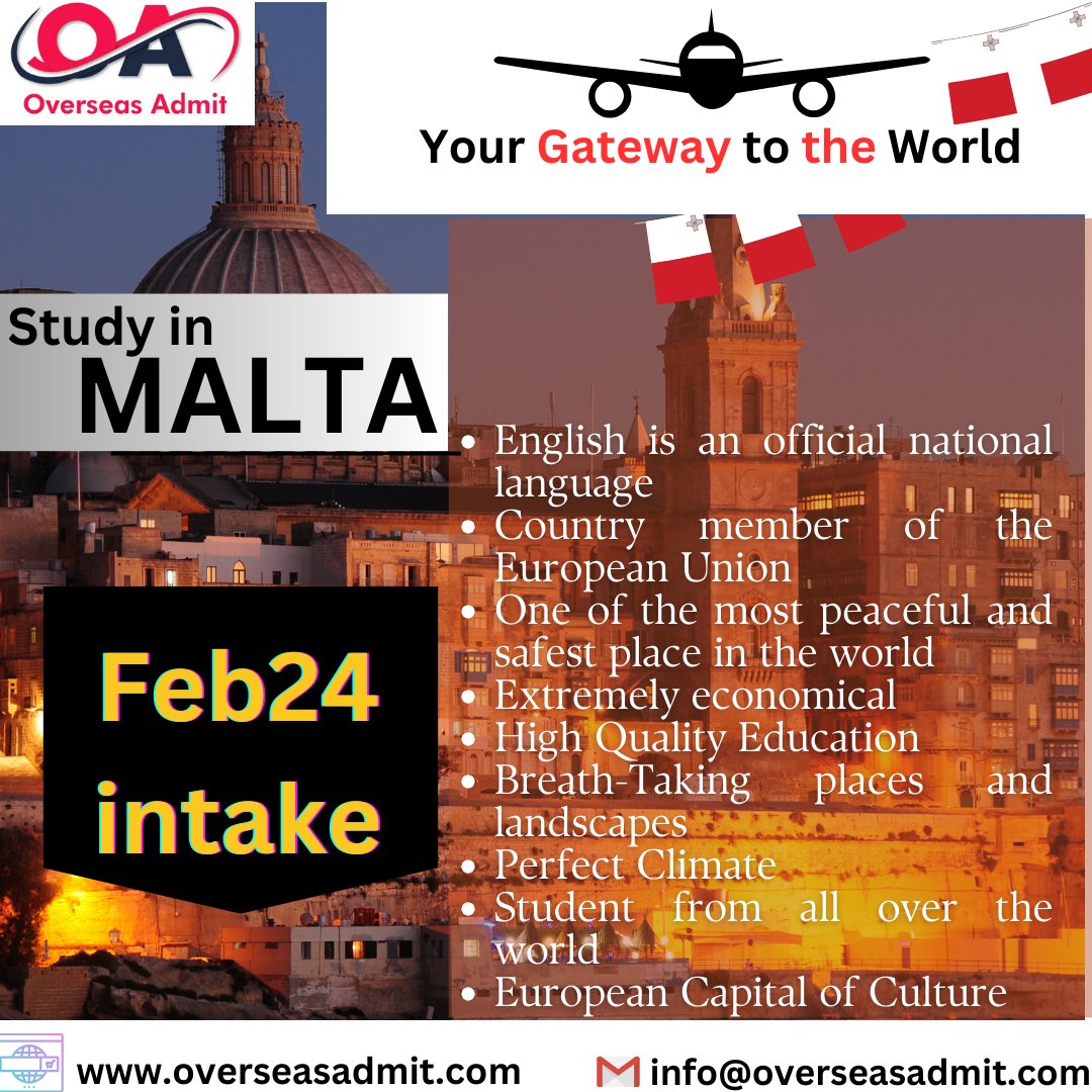 'Embark on an academic adventure in the heart of Europe! 🌍✨ Explore the enriching opportunities that Malta offers for international students. From vibrant culture to world-class education, let your journey begin with #StudyInMalta. 📚🇲🇹 #overseasadmit #MaltaAdventures'