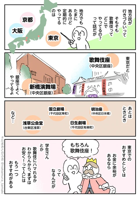 そもそも歌舞伎って どこでやってるの?  (漫画は金・土 更新です!)   これまでの漫画はハッシュタグから  #たまきとかぶき #中村環の漫画