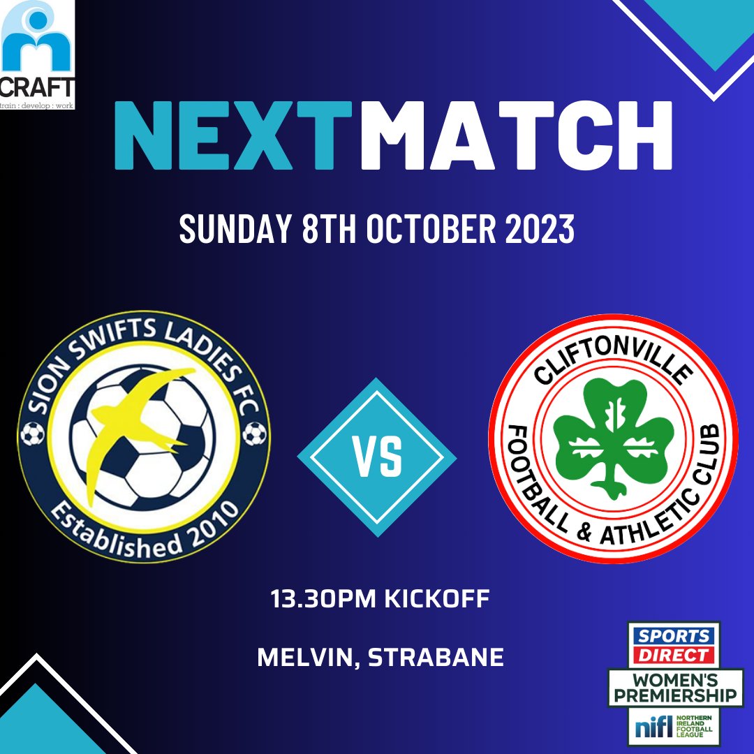 𝙉𝙀𝙓𝙏 𝙂𝘼𝙈𝙀 ⚽🔵🟡 Tomorrow afternoon we will see our ladies host Cliftonville Football Club!! 📆 Sunday 8th October 🕗 1.30pm Kickoff 🏟️ Melvin, Strabane #cmonyuswifts 💙💛 #SportsDirectWomensPrem