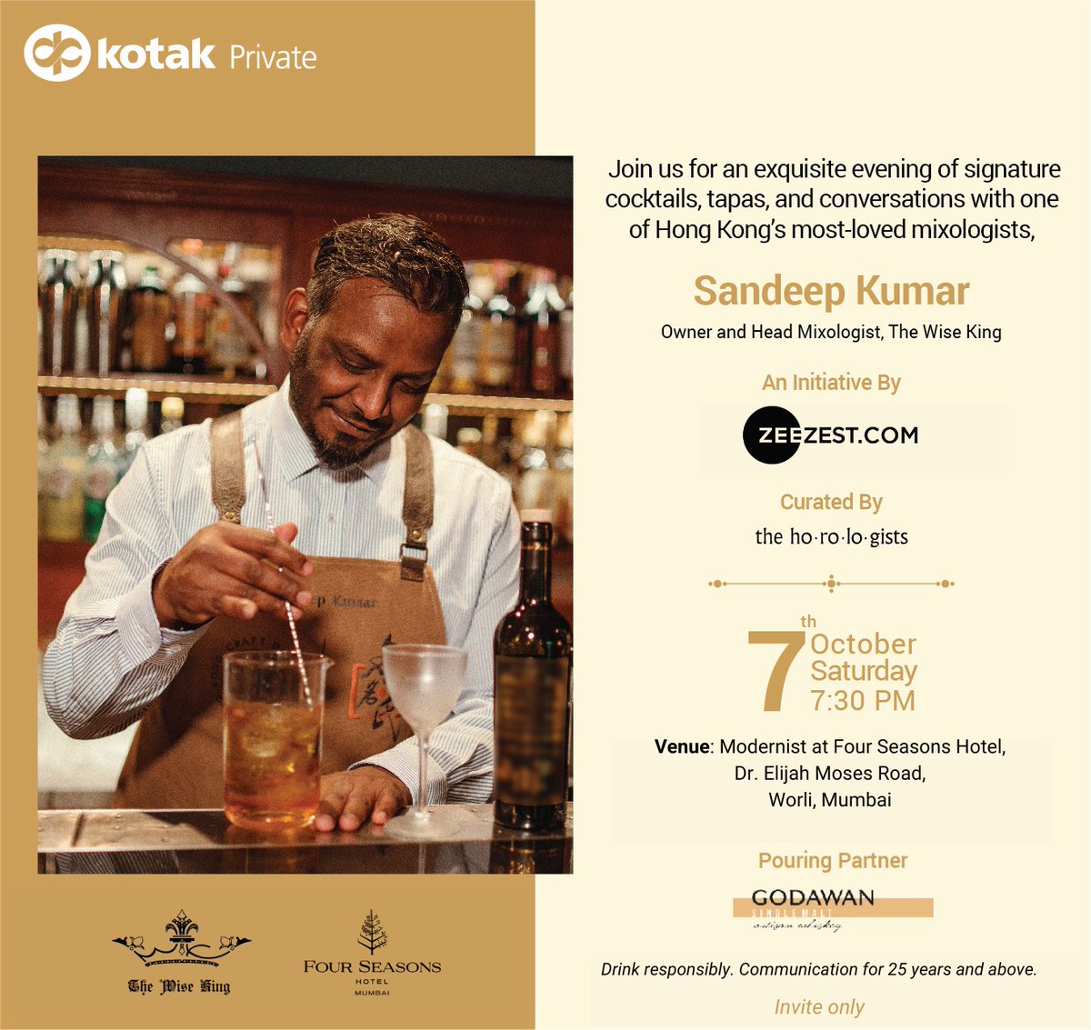 Sandeep Kumar, bartender extraordinaire & founder of The Wise King, joins the esteemed clients of Kotak Private at Modernist, Four Seasons Hotel Mumbai for cocktails & conversation. A special initiative by @ZeeZest_ #TheWiseKing #Modernist #TheHorologists #FSMumbai #ZeeZest