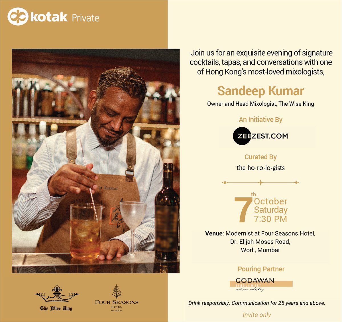 Sandeep Kumar, bartender extraordinaire &amp; founder of The Wise King, joins the esteemed clients of Kotak Private at Modernist, Four Seasons Hotel Mumbai for cocktails &amp; conversation. A special initiative by <a href="/ZeeZest_/">Zee Zest</a> 

#TheWiseKing #Modernist #TheHorologists #FSMumbai #ZeeZest