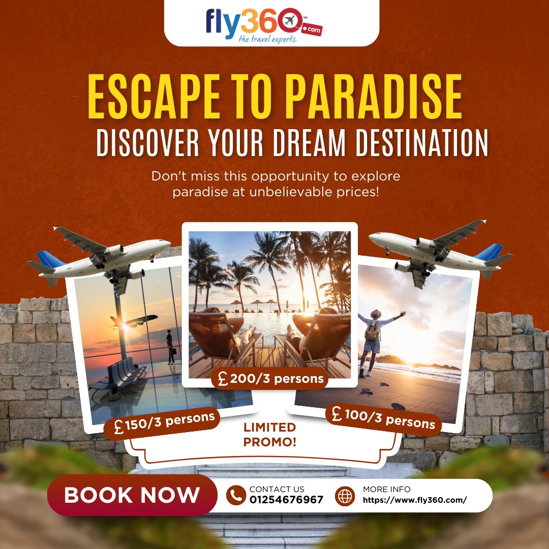 fly360uk's tweet photo. Escape the ordinary and discover extraordinary destinations with Fly360. Limited promo: £150 for 3 persons. Don't wait, book your getaway now! 🌄🌍 
.
.
#ExtraordinaryDestinations #EscapeTheOrdinary #fly360 #tourandtravel https://t.co/yDpP6AIO73