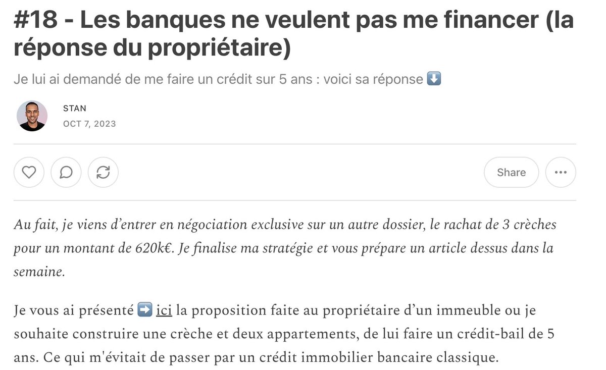 stanmonnaie's tweet photo. 🚨 Les banques ne veulent pas me financer, voici la réponse du propriétaire ! 🚨

1/ La semaine dernière, j'ai parlé de mon plan de crédit-bail pour contourner le refus des banques. Après une semaine de négociation, nous avons un accord de principe ! 🤝

2/ Point important : Le vendeur est un marchand de bien. Il a donc une obligation de vendre le bien. 

Si vous voulez vous lancer dans cette activité, attention aux contraintes ! ⚠️

3/ Contrainte 1 : Obligation de rotation des stocks. Vous ne pouvez pas garder un bien indéfiniment. ⏳

4/ Contrainte 2 : Obligations fiscales. Vous devez être au point sur la TVA et les impôts sur les plus-values. 📊

5/ Contrainte 3 : Garanties financières. Vous devez prouver votre solvabilité pour obtenir des prêts. 💰

6/ Dans mon cas, il reste 3 ans au propriétaire pour vendre.

Like ❤️ & RT 🔁 et je t'envoie le lien vers mes stratégies de négociation !