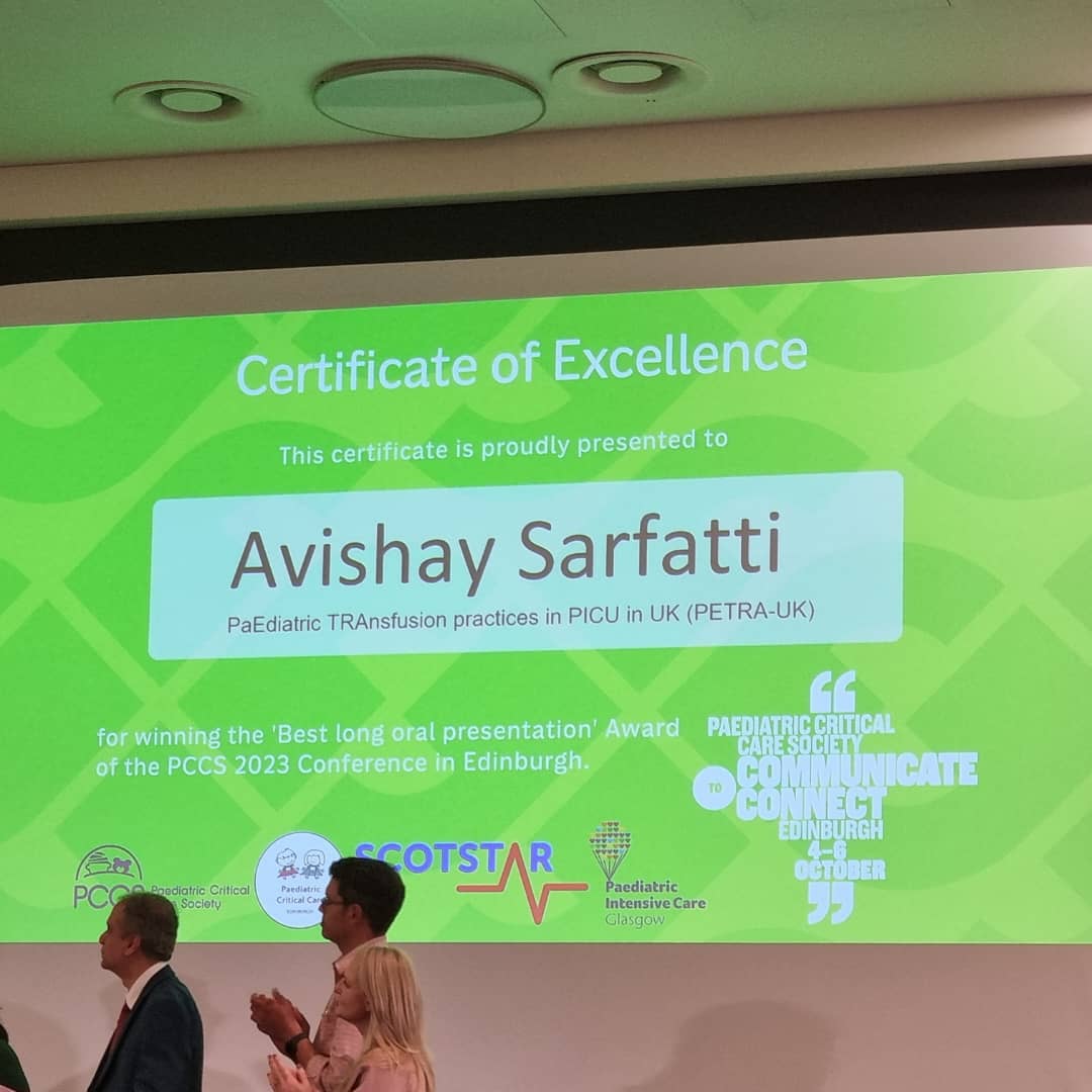 Deirdre O'Shea💙 (@drdeeos) on Twitter photo Award for #PCCS2023 best oral presentation (1 of 2 awards) went to <a href="/AvishaySarfatti/">Avishay Sarfatti</a> for #PaEdiatric TRAnsfusion practices in PICU in the UK (#PETRA-UK)
What an accolade for PIC research @OUH_CCritCare <a href="/OUHospitals/">OUH</a> <a href="/megh_pandit/">Meghana Pandit</a> My modest colleague would never post this! Award for #PCCS2023 best oral presentation (1 of 2 awards) went to <a href="/AvishaySarfatti/">Avishay Sarfatti</a> for #PaEdiatric TRAnsfusion practices in PICU in the UK (#PETRA-UK)
What an accolade for PIC research @OUH_CCritCare <a href="/OUHospitals/">OUH</a> <a href="/megh_pandit/">Meghana Pandit</a> My modest colleague would never post this!