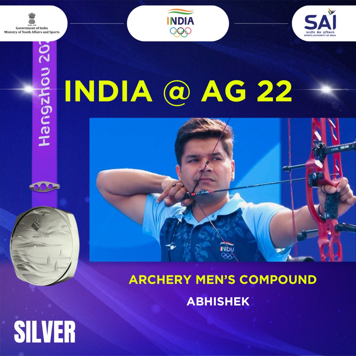 GOLD and SILVER at #AsianGames2022! Pravin Ojas Deotale & @archer_abhishek's performance boosts India's medal tally to 8th and 9th, securing 6th Gold in Compound Archery! A record-breaking 9 medals, our best since 1975 Asian Games. Congratulation athletes!