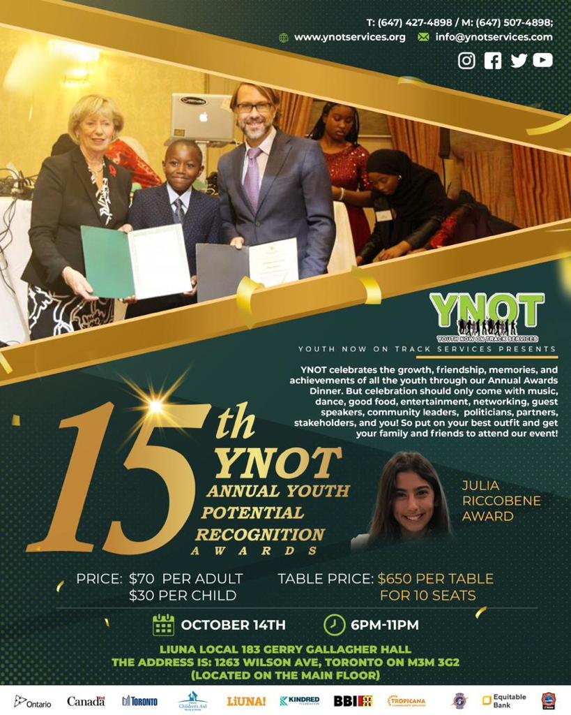 YNOTservices's tweet photo. Join us in the festivities on October 14th! Dive into an evening filled with music, dance, mouthwatering cuisine, and unforgettable moments with @YouthNowOnTrack.✨🎉

⏰ 6-11 PM 📍 LIUNA Local 183, Toronto #YNOTSAnnualDinner #CelebrateYouth @engageandchange @torontofireservices https://t.co/GH5Nm4E3TI