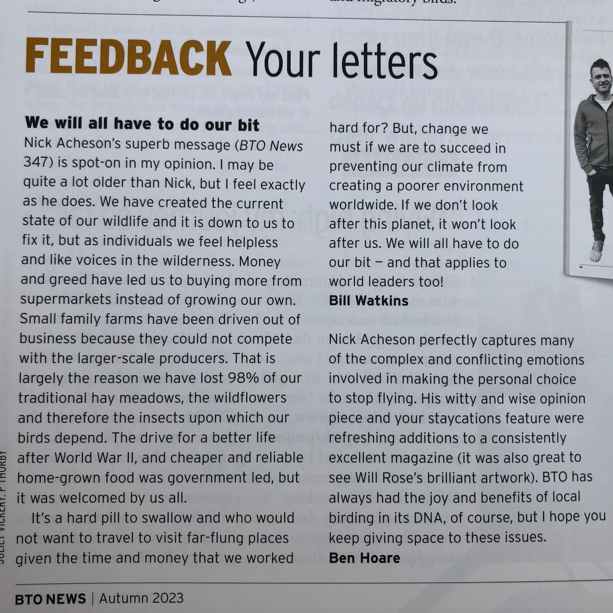 Reactions to Nick Acheson's article in BTO News Autumn 2023 @themarshtit @_BTO Nick Acheson's 'witty and wise opinion piece and your staycation feature were refreshing additions to a consistently excellent magazine.' — @benhoarewild