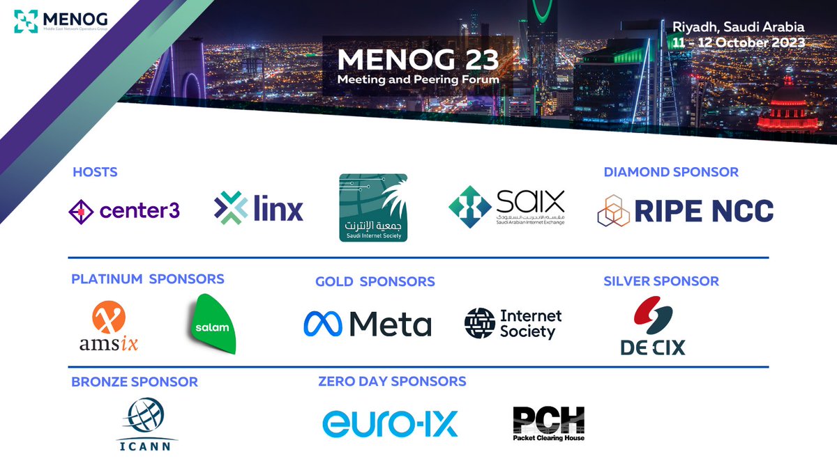 The #MENOG23 workshops take place tomorrow onwards. We look forward to welcoming all our attendees, partners and sponsors for our 23rd Middle East Network Operators Group Meeting and Peering Forum in #Riyadh over the coming days.
menog.org/meetings/menog…