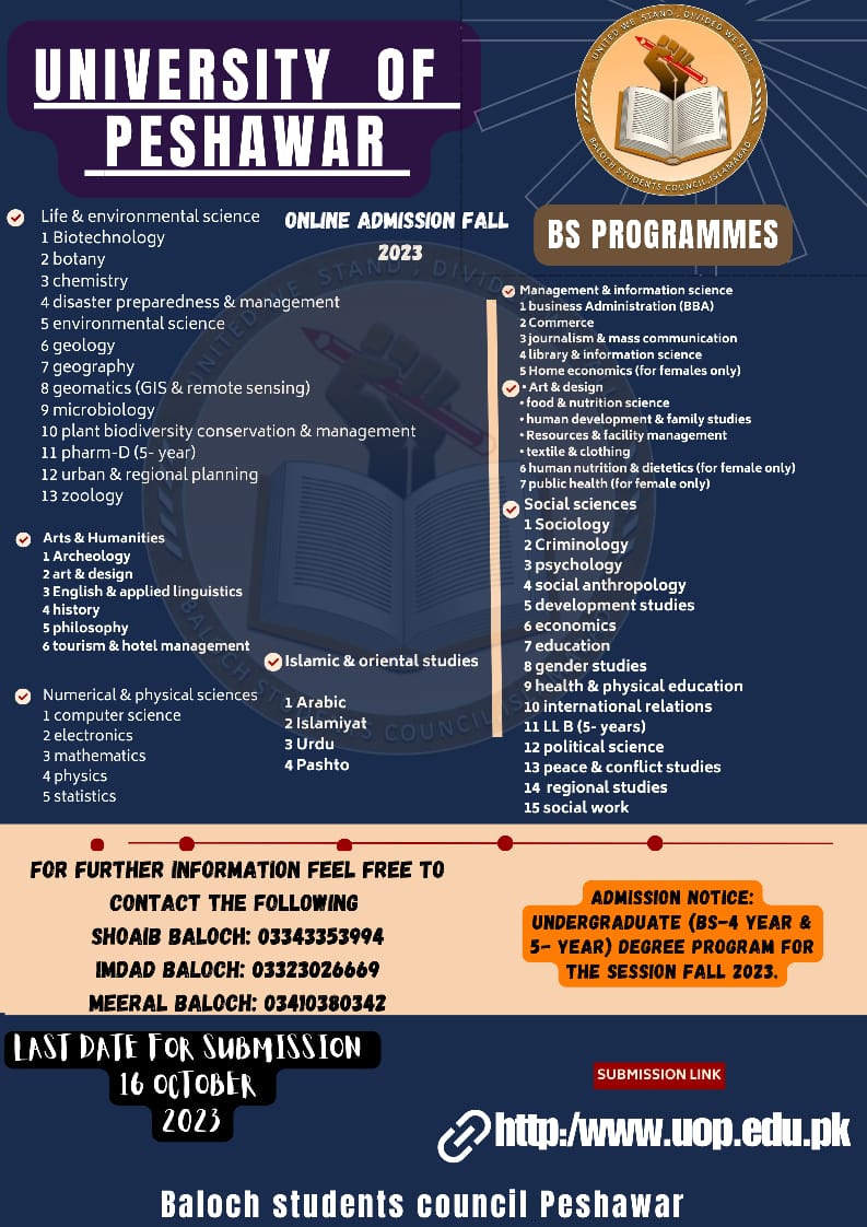 BSCPeshawar's tweet photo. Admission Notice:
University Of Peshawar has announced ita admiaaions in Undergraduate (BS 4-Year &amp; 5-Year) Degree Program for the Session Fall 2023.

Apply Online:
https://t.co/BeHvDxhdG8

Last Date:
16 October 2023 https://t.co/lG4TrHjUNG