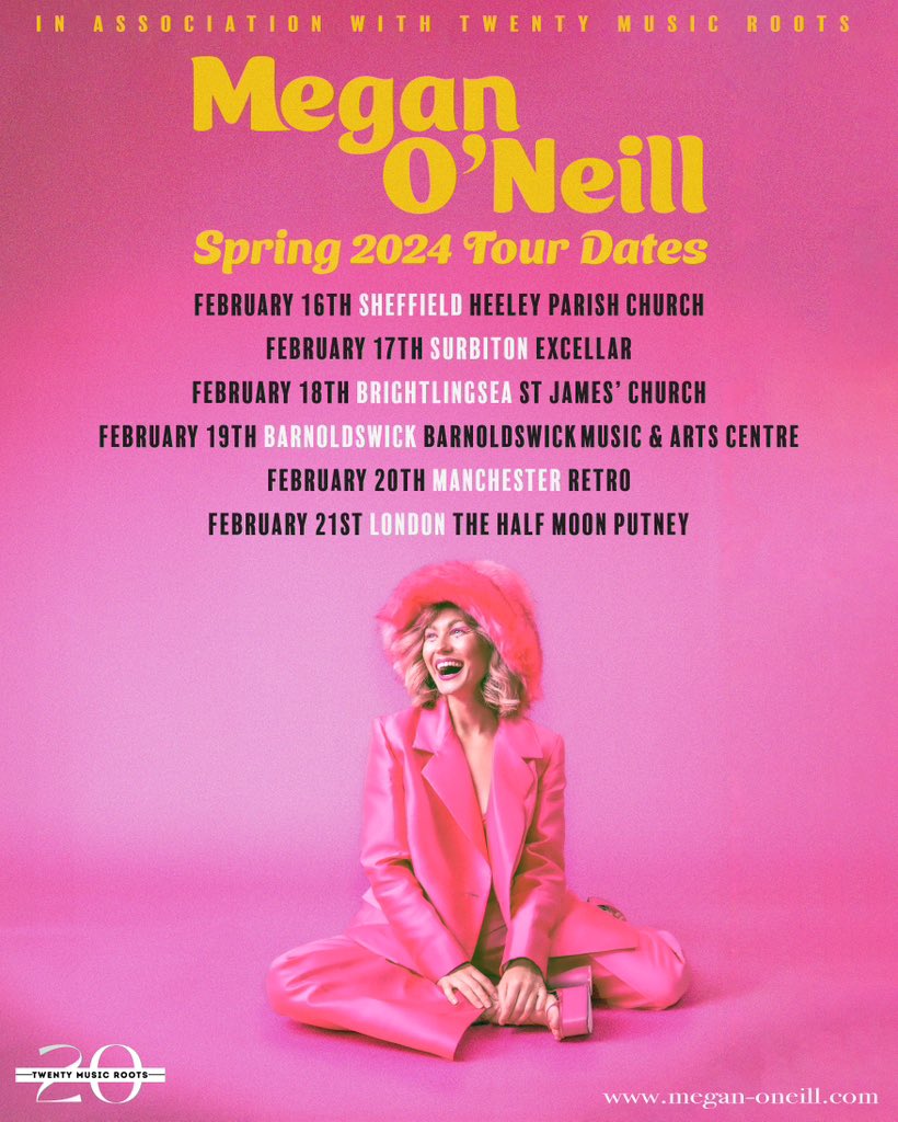 📢 One of of my roster <a href="/meganoneill/">meganoneill</a> is on tour in February 2024 💥

Looking forward to working with some new promoters and venues 🤝

* If you’re interested booking Megan for a event or festival you can contact me on: Brandon@twentymusicroots.com