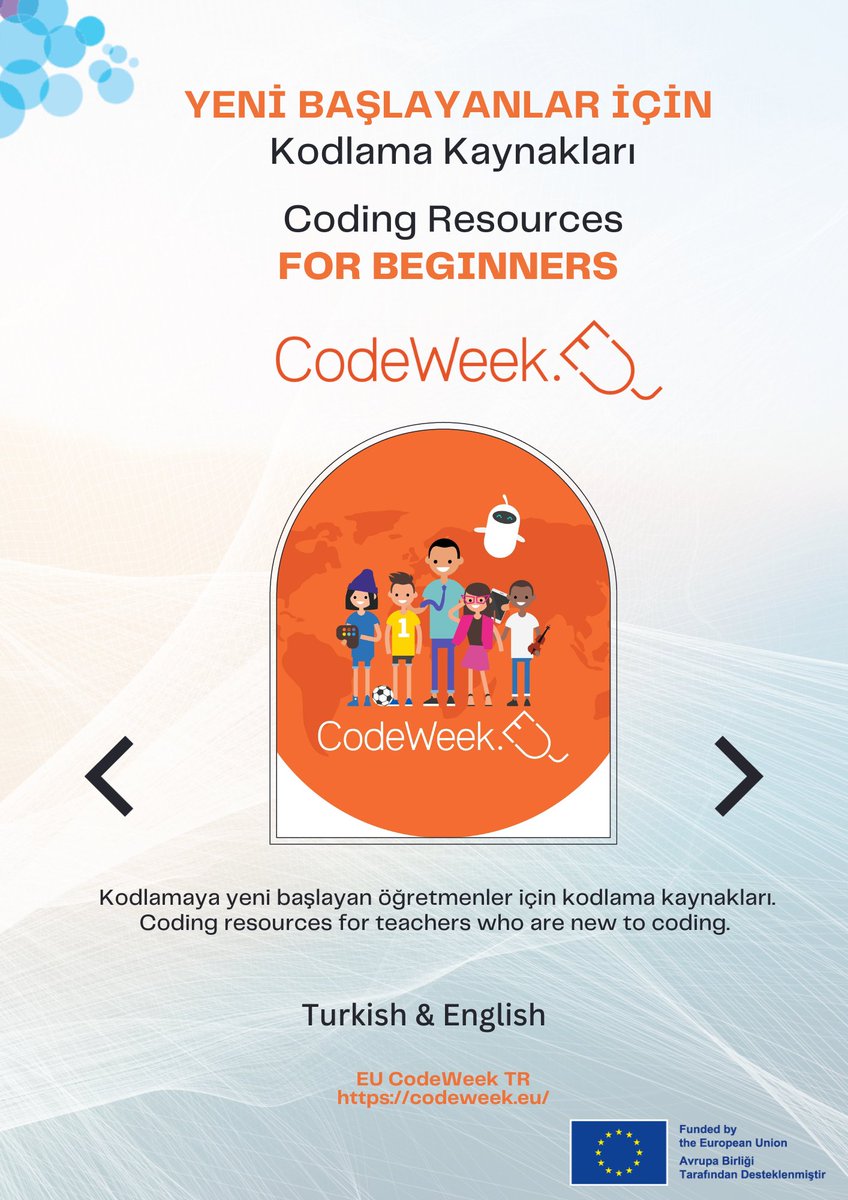 EU CodeWeek Başladı ! EU CodeWeek has started
Resources for Teachers in English and Turkish , You can download/ Öğretmenler için Türkçe ve İngilizce kaynaklar. İndirebilirsiniz. <a href="/CodeWeekEU/">EU Code Week</a>  <a href="/CodeweekTurkiye/">Code Week Türkiye</a> @EUCodeWeek
Link: drive.google.com/file/d/1-pIi0t…