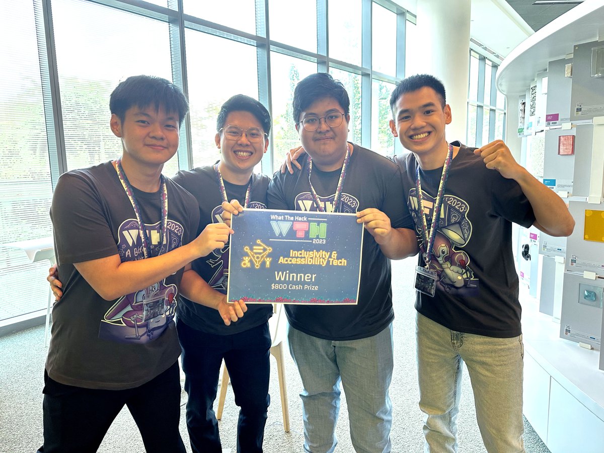 NTUsg's tweet image. Eye-opening possibility: Congrats to #NTUsg SCSE #undergrad team on clinching the top prize in the Inclusivity and Accessibility Tech track of @sutdsg's What The Hack 2023 #hackathon for their #AI-powered #navigation #app for the #visuallyimpaired.