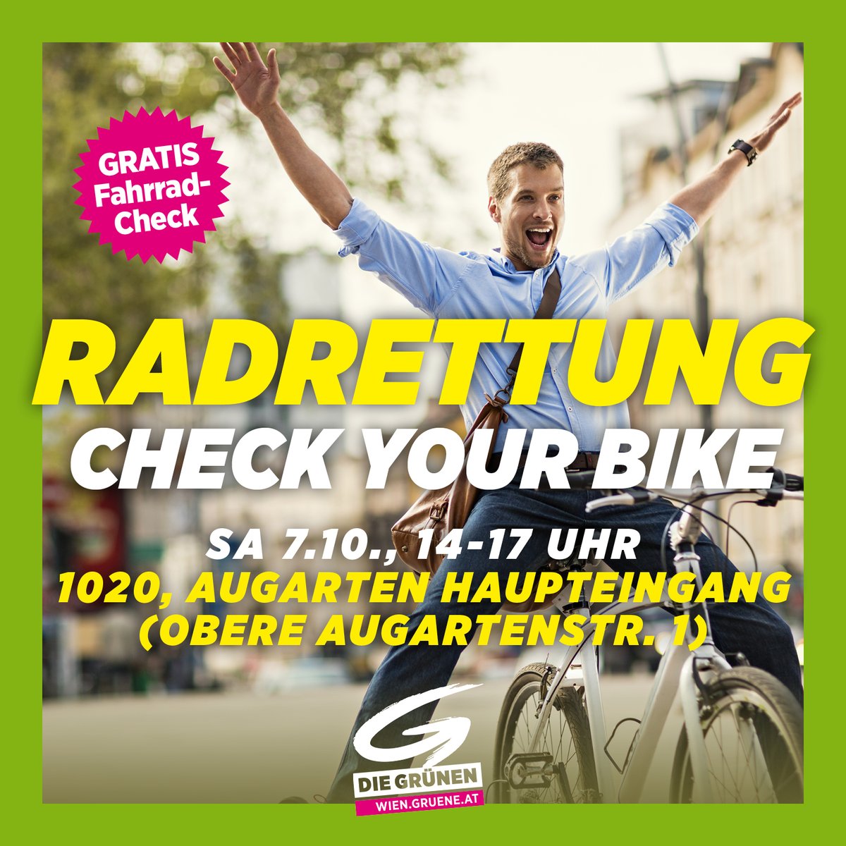 grueneleo's tweet photo. Heute letzte Chance in diesem Jahr, dein Rad kostenlos checken zu lassen.
➡️ 14 Uhr- 17 Uhr, beim Haupteingang zum Augarten
#checkyourbike #Radrettung https://t.co/HE1YsTwmao