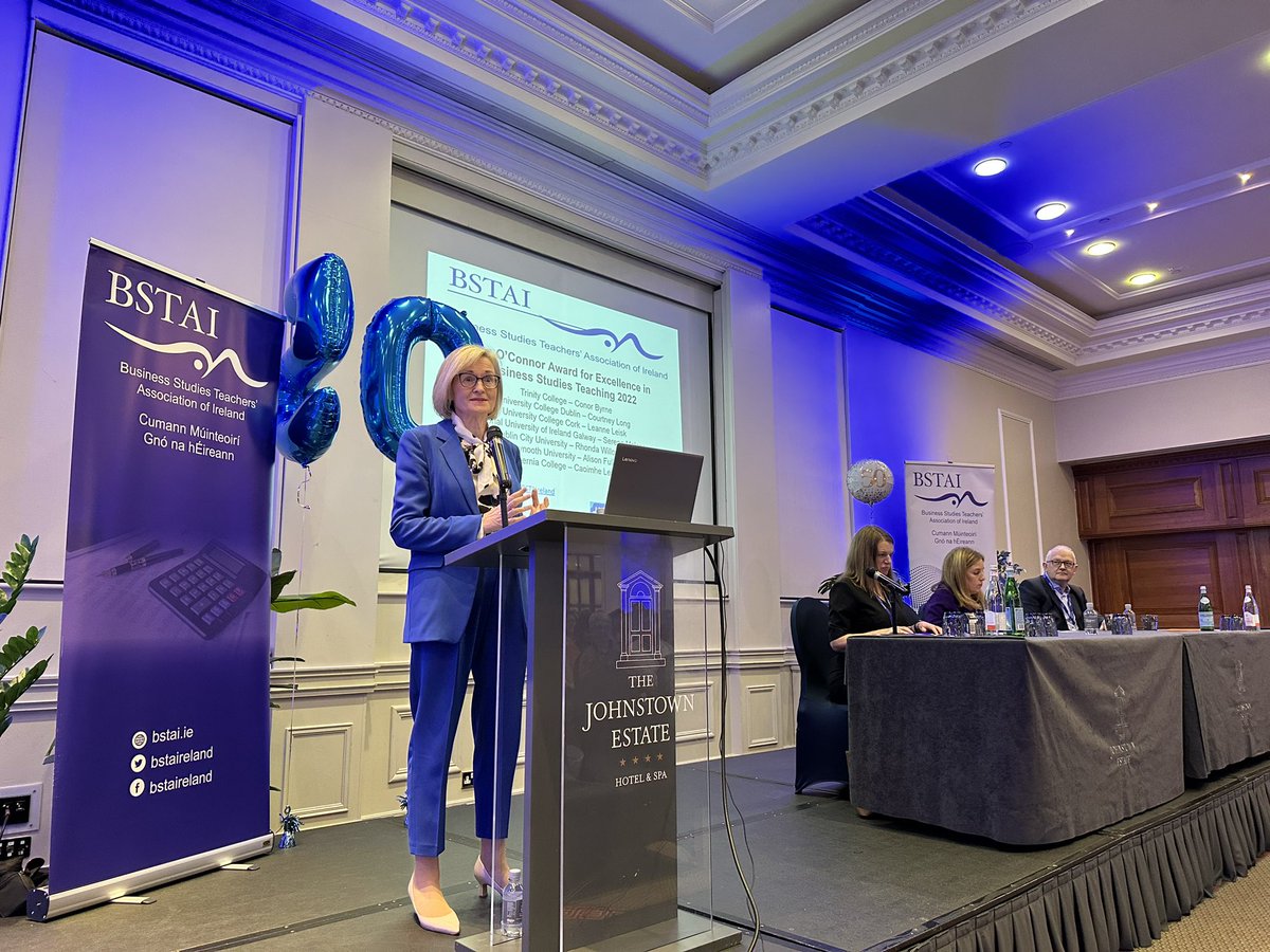 bstaireland's tweet image. Our fantastic keynote speaker EU Commissioner for Financial Stability, Financial Services and Capital Markets, Mairead McGuinness #BSTAIcon acknowledging how happy she is to present to dedicated business teachers this morning in Johnstown Estate