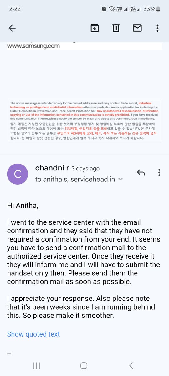 Chandnirchandra's tweet photo. @SamsungIndia @SamsungIndia kindly ask you customer relations Manager Anitha S to call me back or atleast reply to my email. It's been weeks I am behind this. 3 days ago I sent an email and till now no response. https://t.co/tbeYufCoH1