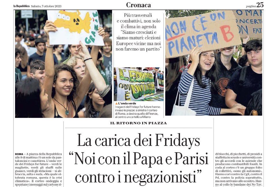 FranFerrante's tweet photo. Ieri @fffitalia scendono in piazza per manifestare l’urgenza di intervenire contro #ClimateCrisis . 
In oltre 30 città in contemporanea con grande partecipazione. Ma siccome non imbrattano niente e non sfasciano nulla …finiscono in pagine interne
(Post dedicato ai “benpensanti”) https://t.co/IzxEoajzXv