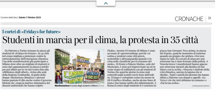Ieri <a href="/fffitalia/">Fridays For Future Italia</a> scendono in piazza per manifestare l’urgenza di intervenire contro #ClimateCrisis . 
In oltre 30 città in contemporanea con grande partecipazione. Ma siccome non imbrattano niente e non sfasciano nulla …finiscono in pagine interne
(Post dedicato ai “benpensanti”)