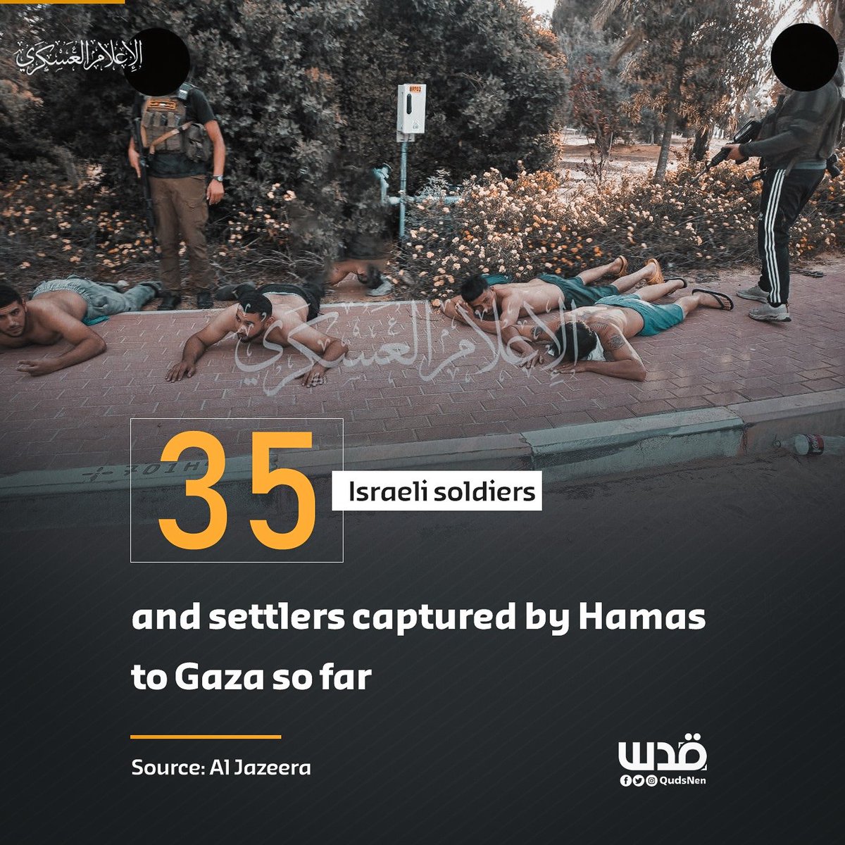 QudsNen's tweet photo. Media Coverage: "At least 35 Israeli soldiers and settlers have been captured by Palestinian resistance fighters since the breakout of Al-Aqsa Storm Operation, Israeli sources reported." https://t.co/yuqtChHHXu