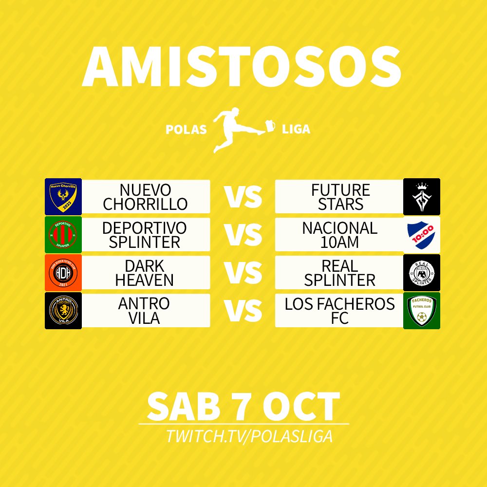 🔴 ¡VUELVE A RODAR LA GLORIOSA DESPUES DE UN MES DE VACACIONES! ¡AMISTOSOS DE LA POLAS LIGA!

⏰ 16hrs🇨🇴 18hrs🇦🇷 23hrs🇪🇸
📆 Sábado, 7 de octubre
📺 twitch.tv/polasliga