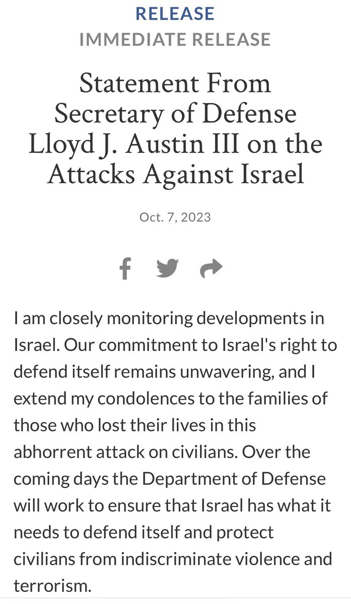 We stand with Israel and share condolences to the families of those who lost their lives in this abhorrent attack on civilians. Thanks to @SecDef Austin for his leadership and commitment.