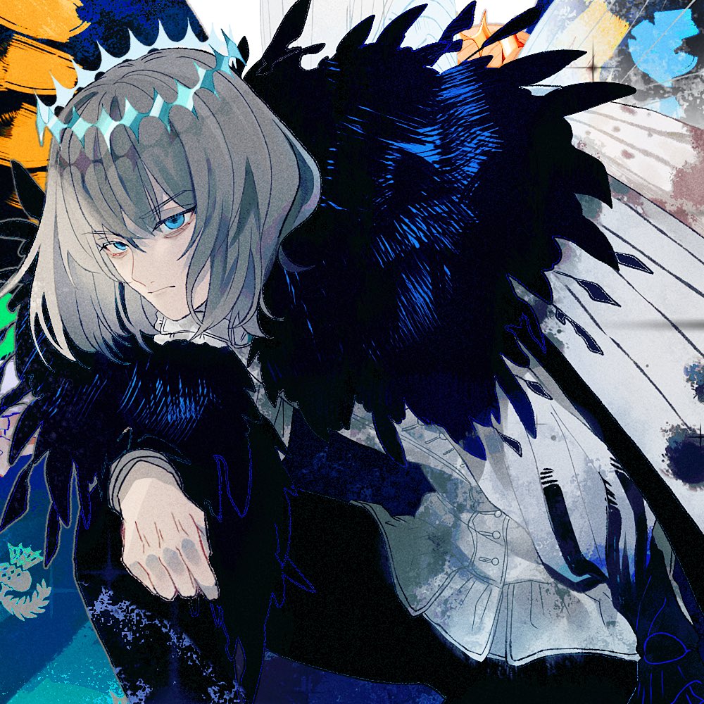 oberon (fate) 1boy crown male focus blue eyes insect wings wings solo  illustration images