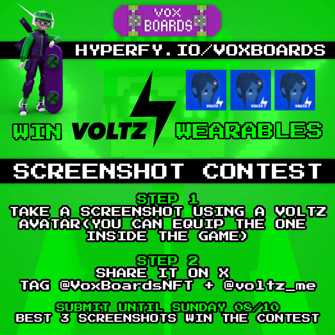 New sk8 season contest in hyperfy.io/voxboards

1. Take a screenshot using a Voltz Avatar (if you don't own one equip the character inside the game) 

2. Share on X. Tag @VoxBoardsNFT <a href="/voltz_me/">⚡VOLTZ⚡</a> 

Best screenshots wins! Submit untill sunday! #LFSK8

🛹⚡️🛹⚡️🛹⚡️