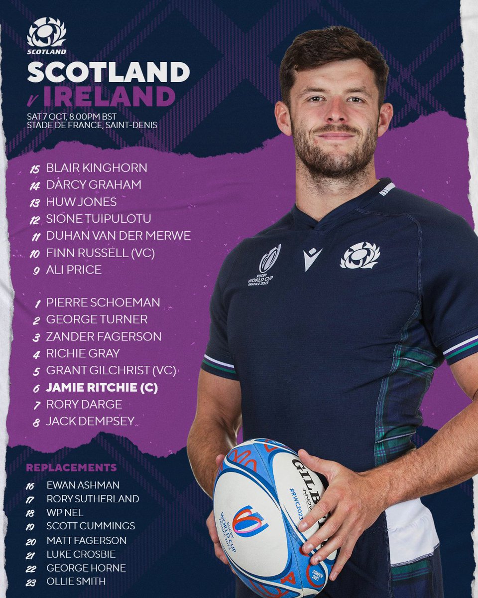 Scotlandteam's tweet photo. A reminder of your Scotland team to face Ireland.

#AsOne | #RWC2023 https://t.co/leMzFQ9eby