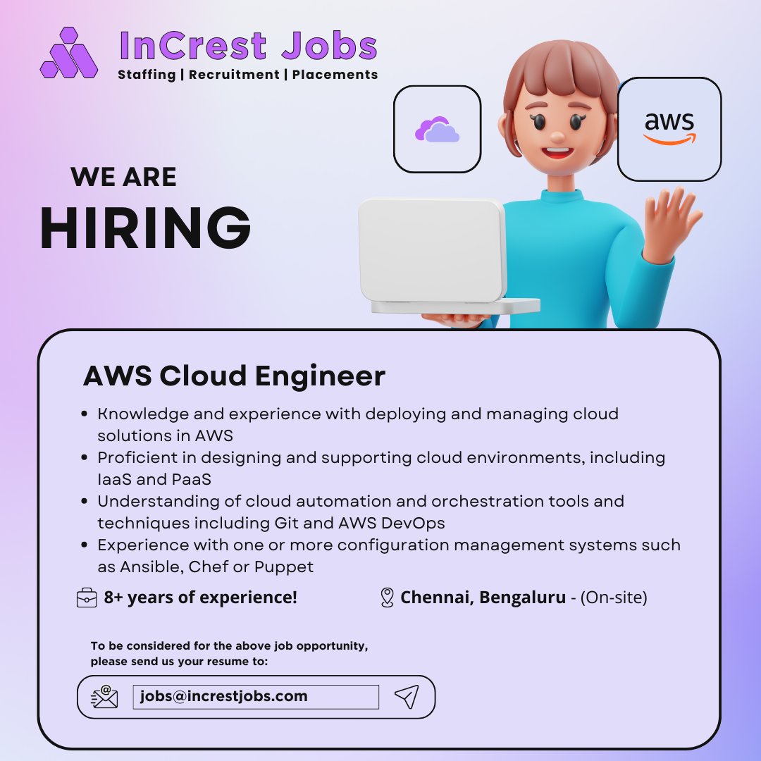 InCrestJobs's tweet image. Join Our Team as an AWS Cloud Engineer!
Are you passionate about cloud computing and ready to take your AWS expertise to the next level? We&apos;re on the lookout for a talented AWS Engineer to join our dynamic team! Apply now!
#AWSDeveloper #TechJobs #JoinOurTeam #InCresting