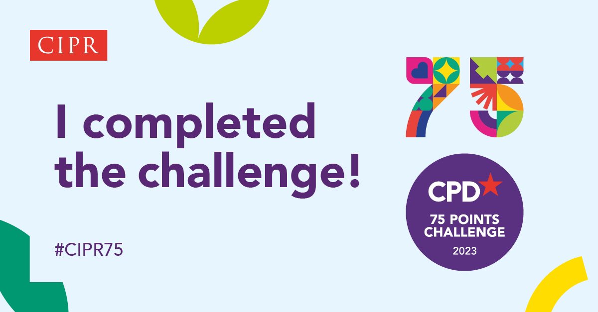 Pleased I’ve completed my 7th cycle of <a href="/CIPR_Global/">Chartered Institute of Public Relations</a> CPD &amp; the #CIPR75 challenge for CIPR’s 75th anniversary🏅

The more I progress in my Communications career, the more I turn to CIPR for information, support &amp; affirmation

I’d recommend a membership if you’re in the profession