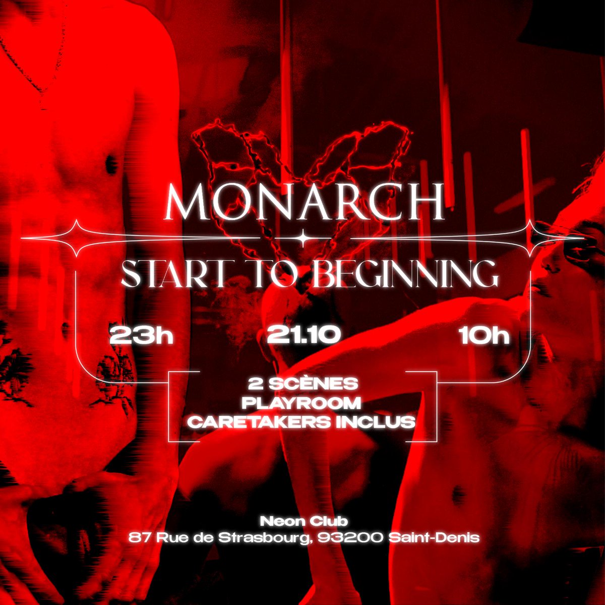 ❤️‍🔥 MONARCH : START TO BEGINNING 💋

Un retour aux sources. On retrouve les bases, ce qui t'a séduit à la première nuit, ce qui a fait naître Monarch.
Monarch est une soirée pour public averti.

Tickets : link.shotgun.live/monarch-back-t…