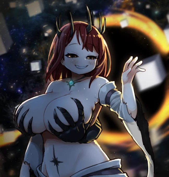 依頼絵納品しました!「オリジナルキャラのエレノアを描いてください!どちらも同じキャラですが、片方は悪霊に取りつかれています!おっぱいが大きいです!」とのことでしたので描きました! 