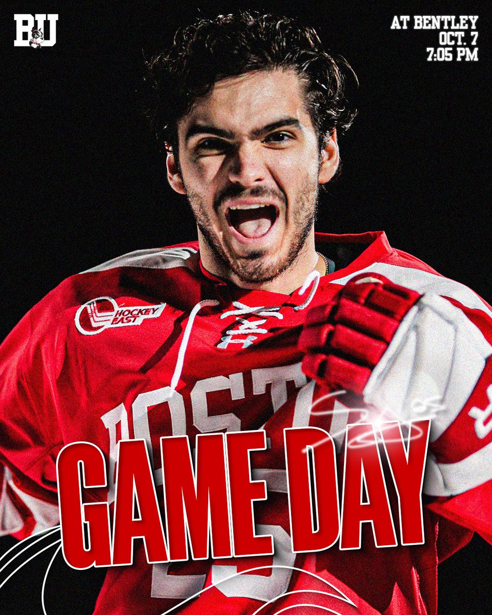 Gaphic featuring photo of Sam Stevens yelling in excitement. His signature is above the words GAME DAY. BU at Bentley, Oct. 7, 7:05 PM