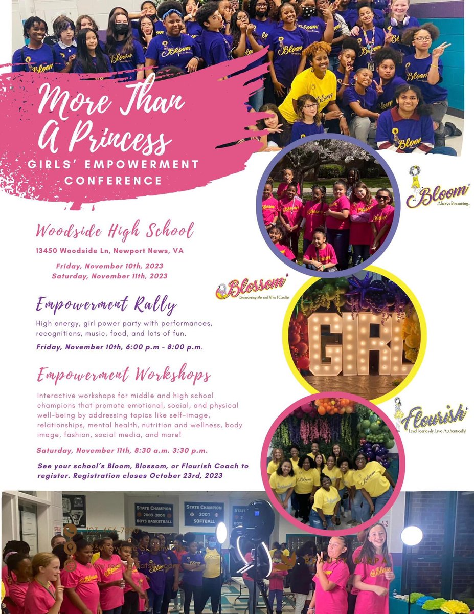Registration is now open for the 2023 More Than A Princess Girls' Empowerment Conference!  Interested students must see their Bloom (middle school), Blossom (elementary), or Flourish (high school) Empowerment Coach to register!  Registration will close on October 23rd.