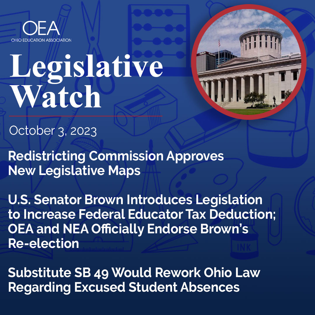 Check out the latest edition of OEA #LegislativeWatch! 📰 covering important #publiceducationmatters, including the approval of new legislative maps and U.S. Senator Brown's introduction of legislation to enhance the Federal Educator Tax Deduction.

ohea.org/legislative-wa…