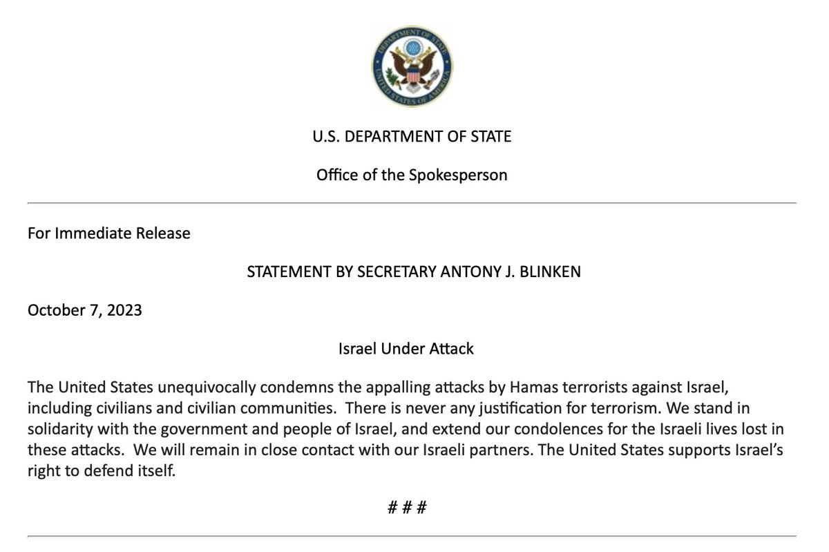 NEW: "The United States unequivocally condemns the appalling attacks by Hamas terrorists against Israel, including civilians and civilian communities," Secretary of State Blinken says. 

Latest updates: trib.al/CGzAHRI