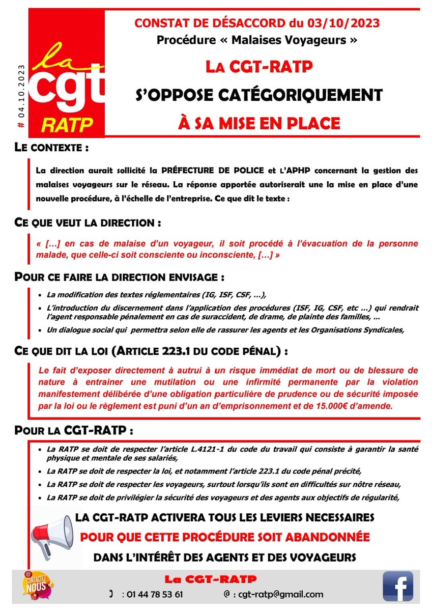Projet @ratp "procédure malaises voyageurs", la CGT-RATP dit STOP, On touche le fond !