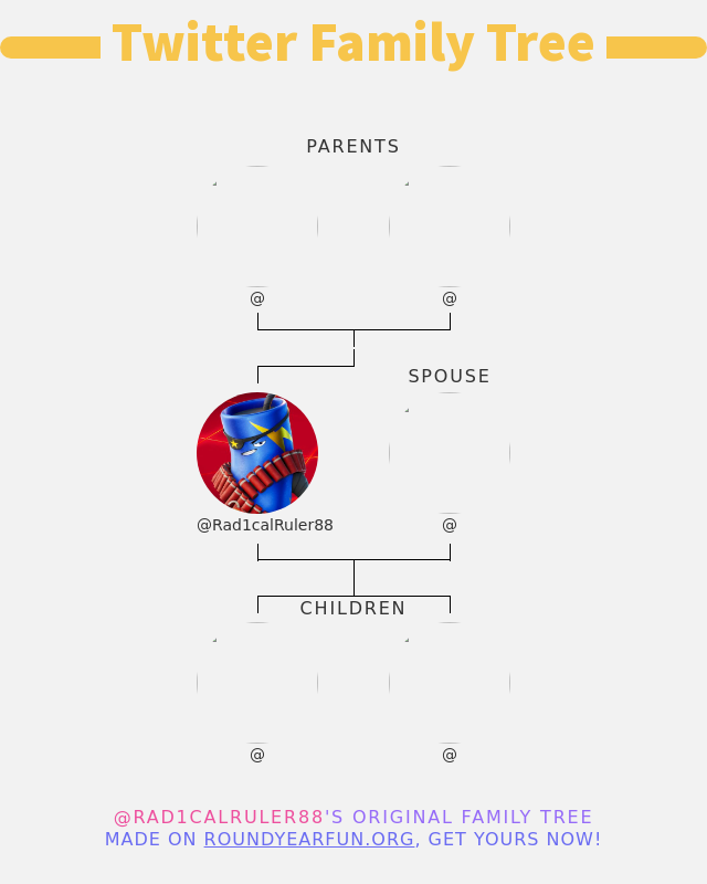 👨‍👩‍👧‍👦 My Twitter Family:
👫 Parents: @ @
👰 Spouse: @
👶 Children: @ @

➡️ funxgames.me/twitterfamily?…