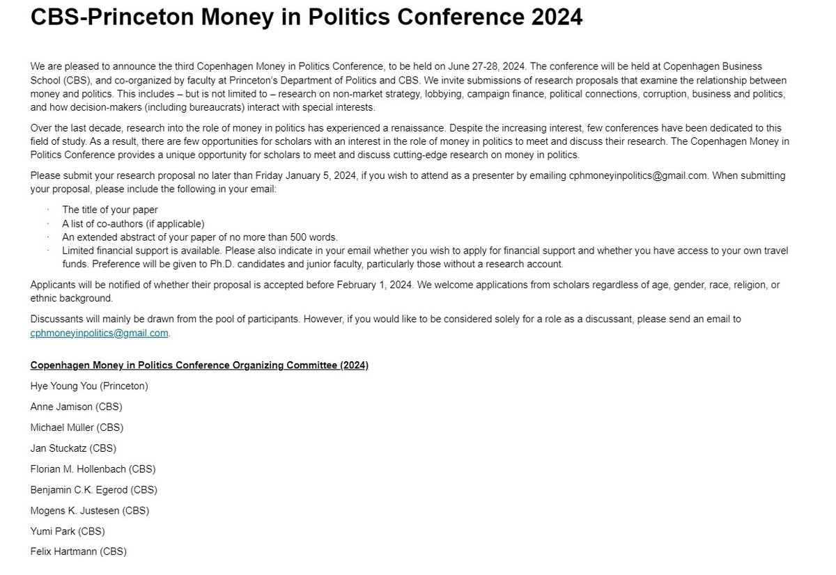🚨Call for Papers🚨 Psyched to announce the CBS-Princeton Money in Politics conference to be held in Copenhagen, June 2024. Third iteration of the conference, always a fantastic experience. Send us your papers before Jan 5, '24! Link: shorturl.at/ampPV 1/2