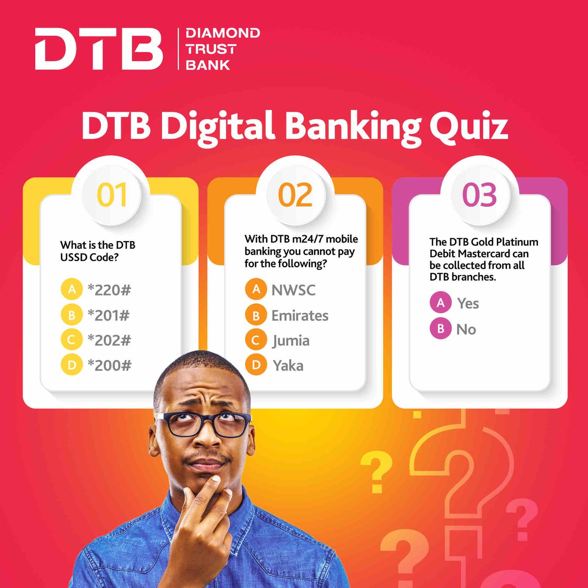 Answer all questions correctly and stand a chance to win some DTB goodies. Terms and conditions apply. #Celebratingteamservice #customerserviceweek #BankWithUsBankOnUs