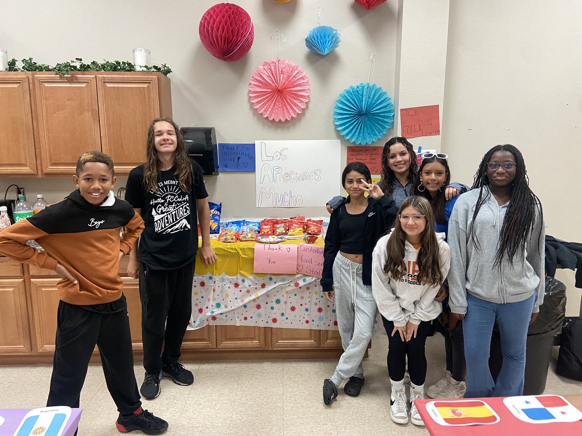 MsPustejovsky's tweet photo. FCCLA celebrated custodial and food service staff appreciation week! Kiddos planned out a potluck and a hallway walk through celebration. We 🧡 our custodians and cafeteria staff! https://t.co/HvH4pnYFSO