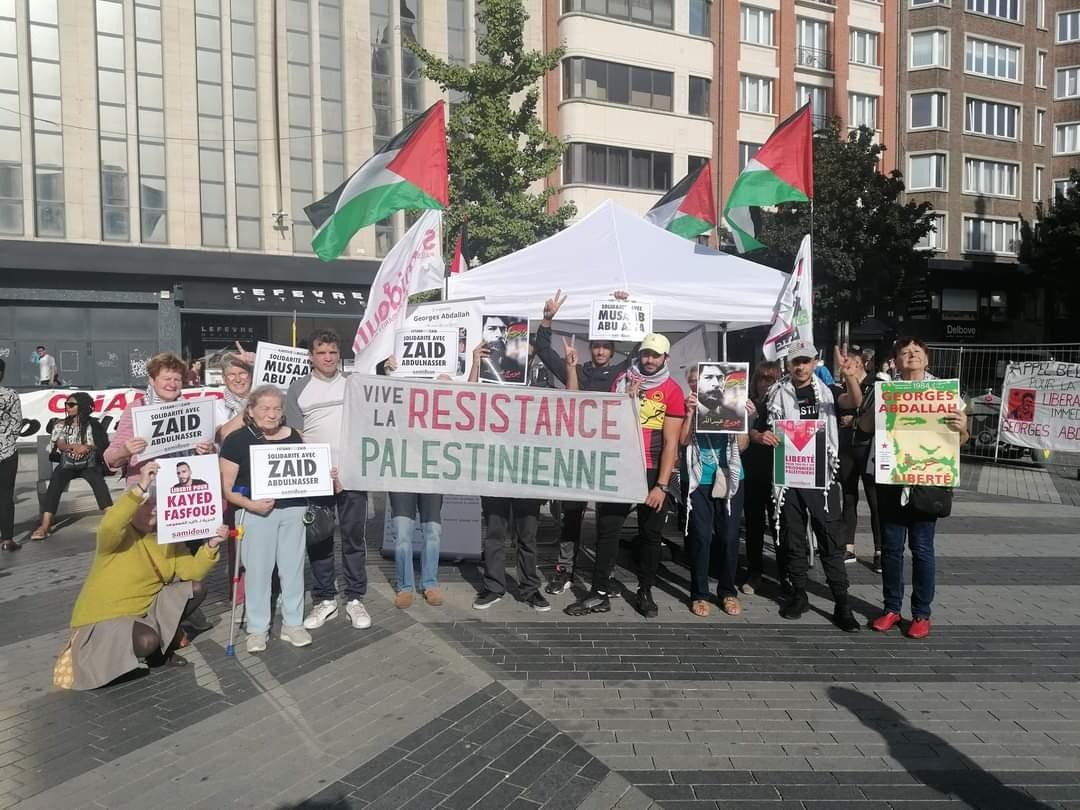 SamidounPP's tweet photo. Charleroi, Belgium today with @Pourlapalestine -- with the Palestinian resistance, freedom for the prisoners, #FreeGeorgesAbdallah, #StandWithZaid, #JusticeforMusaab. From the river to the sea, Palestine will be free! https://t.co/CBNvpIWODQ