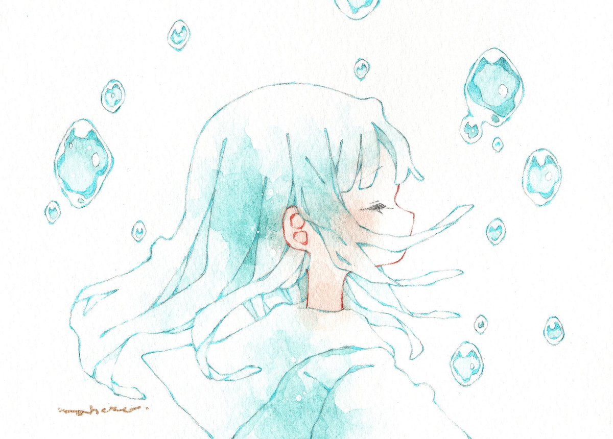 1girl solo closed eyes bubble signature white background profile  illustration images