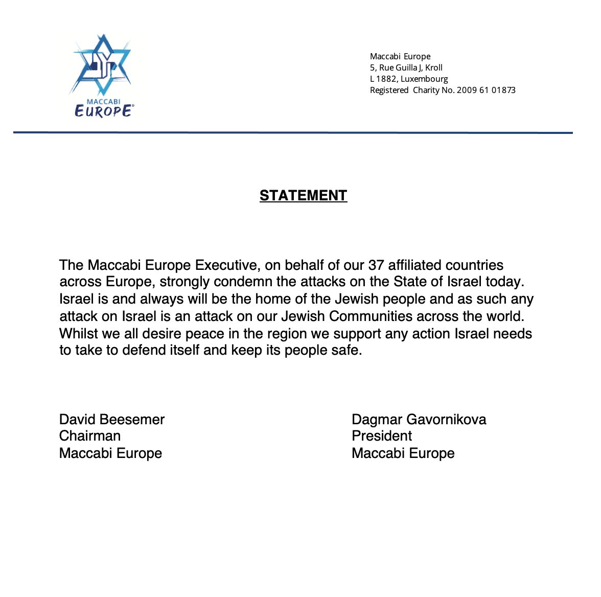 Il <a href="/MaccabiItalia/">Maccabi Italia</a> insieme al #MaccabiEurope condanna i vili episodi di guerra contro la popolazione civile di #Israele. Noi supporteremo ogni azione di #Israele per salvaguardare il proprio Popolo. <a href="/AmbAlonBar/">Alon Bar</a> <a href="/IsraelinItaly/">Israele in Italia</a> #amIsraelhai #Hamas #Gaza #IsraelUnderAttack