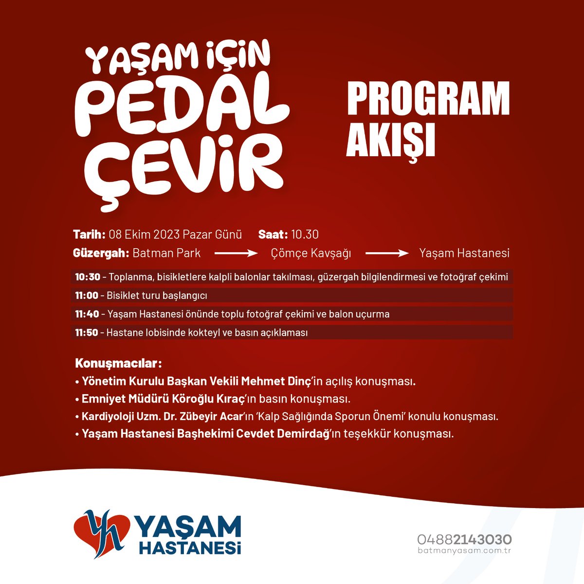 Sevgili bisiklet tutkunları, büyük gün geldi! Bu yıl ikincisini düzenlediğimiz geleneksel Yaşam İçin Pedal Çevir etkinliği için heyecanla bekleniyorsunuz! Bisikletlerinizi hazırlayın ve bize katılın. Sağlığımız ve mutluluğumuz için pedal çevirelim! 🚴‍♀️🚴‍♂️#YaşamİçinPedalÇevir