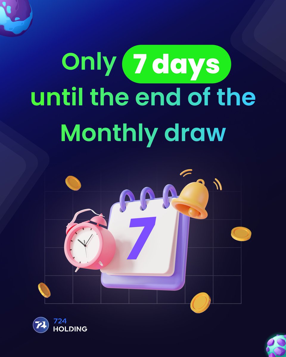 holding724's tweet photo. 🚀 Exciting News! Only 7 days left until this week's lottery draw! Get your test tokens from our 'faucet' topic in TG channel and join the 724 platform's thrilling lottery. Don't miss your chance to win big! 🎉 #Lottery724 #CryptoCharms" https://t.co/IxszyGIvYS