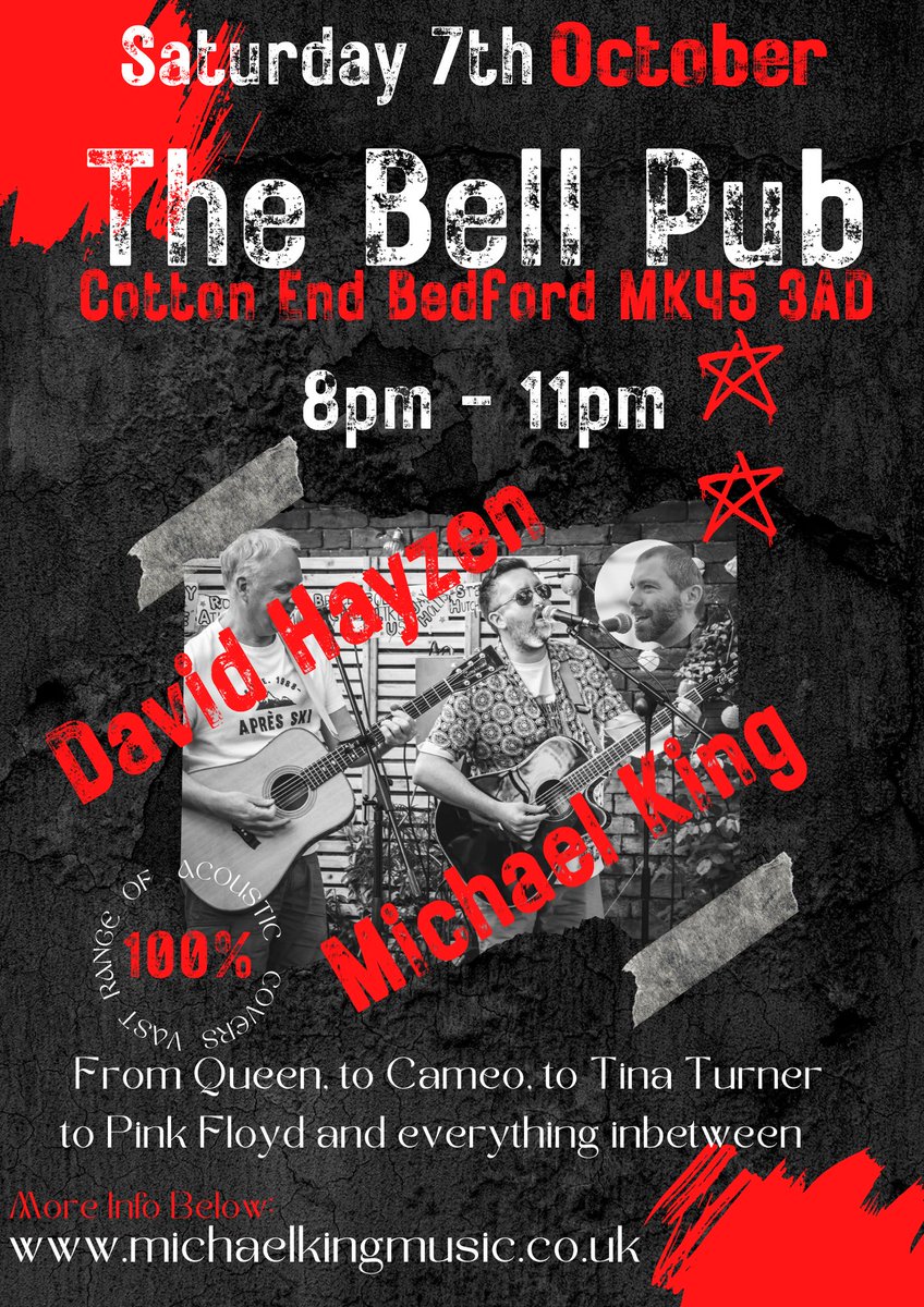 mr_michael_king's tweet photo. Tonight, I’ll be playing at The Bell Pub in Cotton End #Bedfordshire from 8-11pm 🎸

I’ll also be joined by the incredible @davehayzen on guitar so loads of acoustic covers 🔥

https://t.co/bfRDpaci5t

#LiveMusic #Saturday #AcousticCover #SingerSongwriter #TheBellPub #CottonEnd https://t.co/3T6PbHu9TX