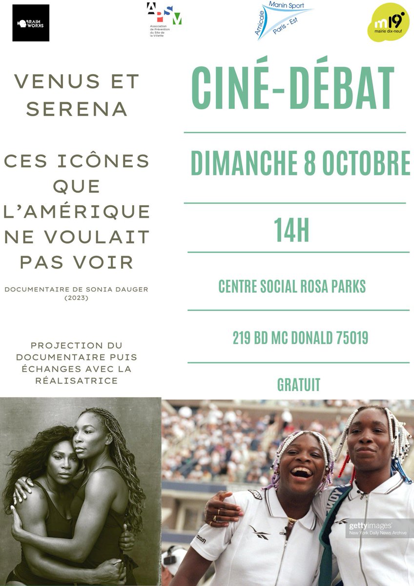 Semaine LCD 
Venez (re)découvrir l'Histoire des sœurs Williams ce dimanche 6 octobre au centre social Rosa Parks à 14h!
Suivi d'un échange avec la réalisatrice du documentaire 
 <a href="/niassita/">SoniaDauger</a> et animé par le journaliste <a href="/BasiledeBure/">Basile de Bure</a> <a href="/andreafuchs/">Andrea Fuchs 🌹🦊</a> <a href="/Paris19e/">Mairie du 19e</a> <a href="/JeanLucRomero/">Jean-Luc Romero-Michel</a>
