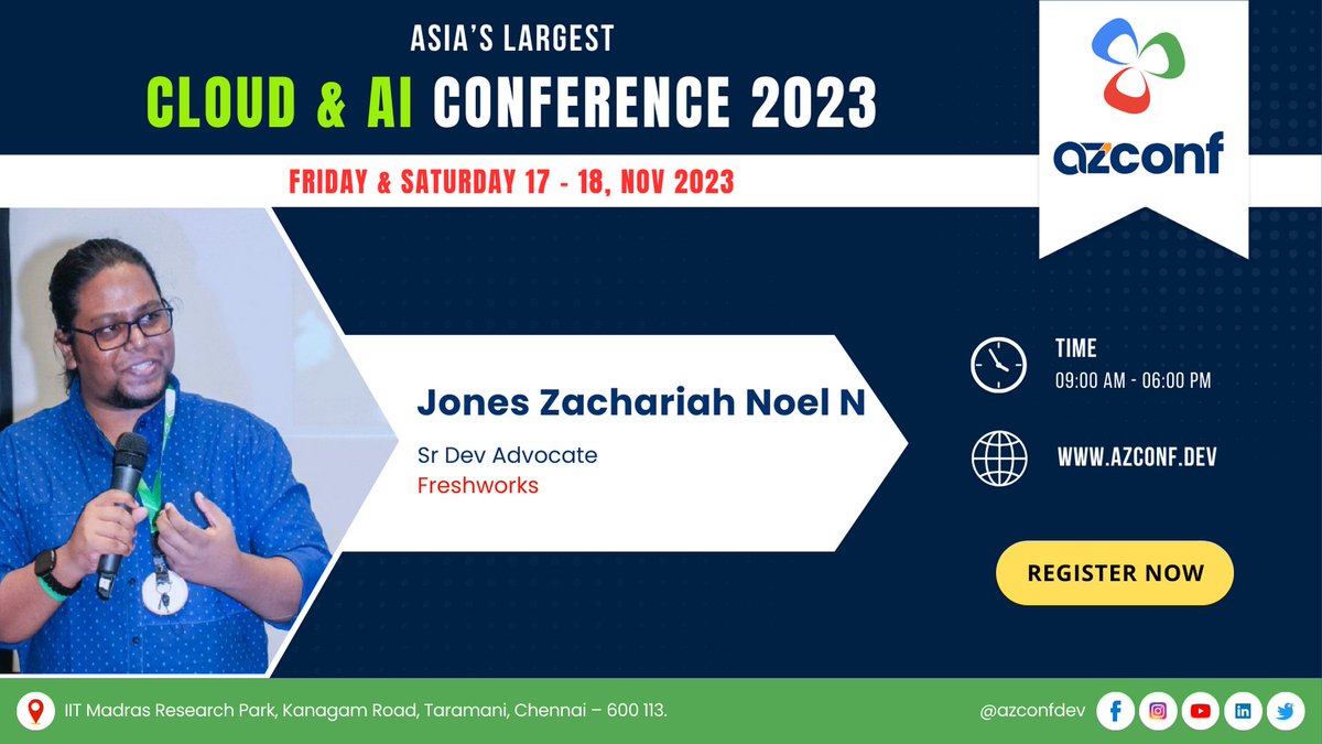 TechXConf's tweet photo. 🎤 Speaker Announcement! 🎤

We are excited to announce that @zachjonesnoel will be our speaker at AZConf 2023, Asia's Largest Cloud and AI Conference! Join us on November 17-18, 2023, at IIT Madras Research Park in Chennai.

Register Now: https://t.co/8gyXDnGcAQ

#AZConf2023 https://t.co/vBl6A6h1ta